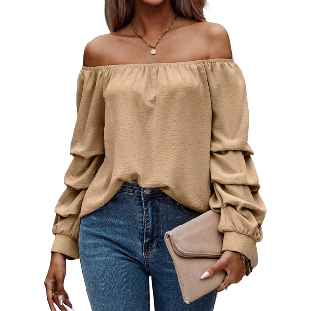Women'S Off Shoulder Top Ruffle Long Sleeve Chiffon Blouse Casual Loose Shirts Khaki M