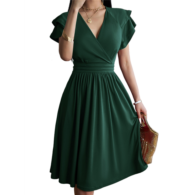 Summer Midi Dress 2025 Spring V Neck Cocktail Wedding Guest A Line Fit and Flared Dresses Green XL