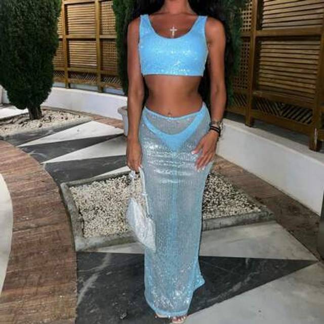 SHEIN Women Sequin Sheer Skirt Sparkly Elastic Waist See Through Long Bodycon Skirt For Party Club