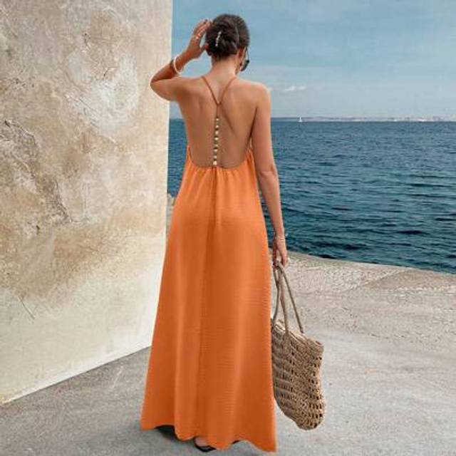 SHEIN Women V-Neck Sleeveless Backless Solid Color Beaded Dress