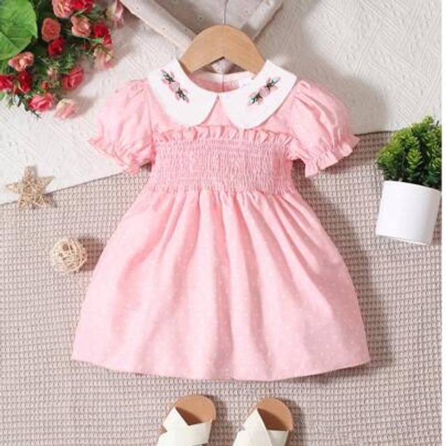 SHEIN Girls Sweet Pink Polka Dot Dress, Peter Pan Collar Embroidered Puff Princess Dress, Summer