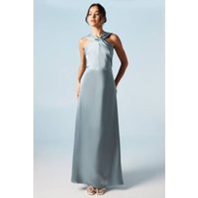 Twisted Halterneck Satin Maxi Dress - Dusty Blue - 10