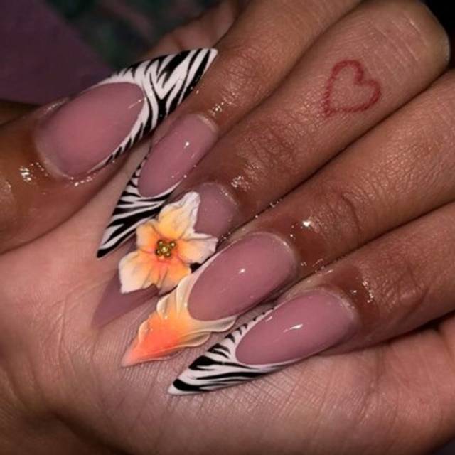 SHEIN Pure Handmade Nails Zebra Stripe French Tip Stiletto Press On Nails 3D Flower Nails Set 10Pcs Fake Nails For Women Girls Daily Wear Nail Supplies Nail