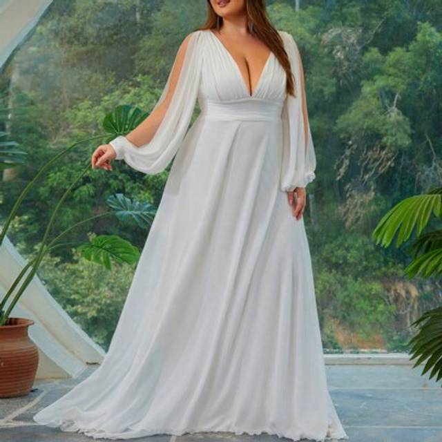 SHEIN Plus Size Solid Color Deep V-Neck Cinched Waist Maxi Formal Dress, White Elegant Long Sleeve Prom Evening Gown, For Wedding Guest, Graduation, Dinner,