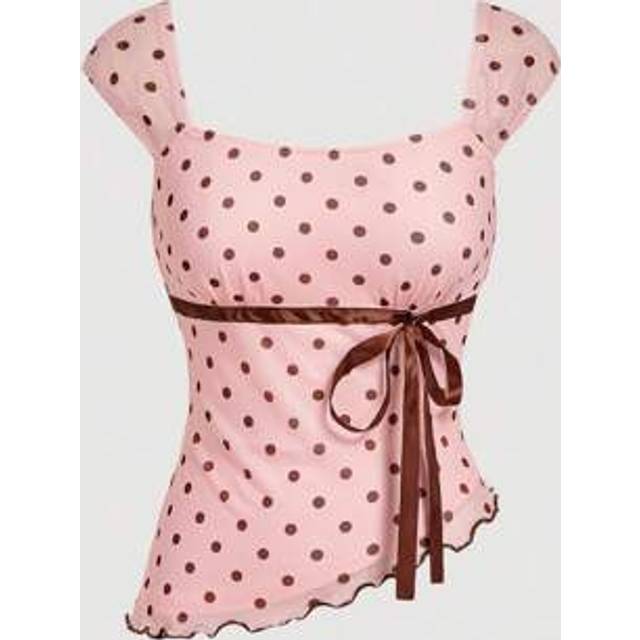 SHEIN Women&#39;s Polka Dot Print Bowknot Asymmetric Ruched Mesh Blouse