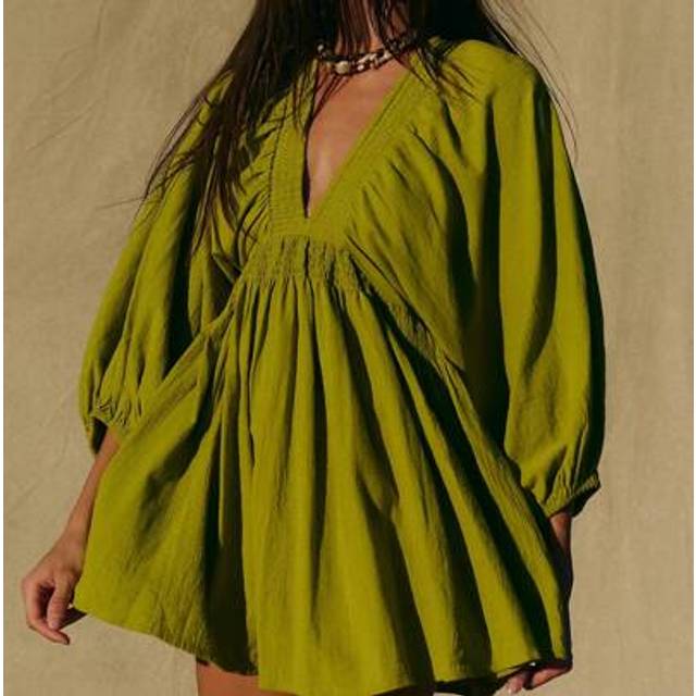 SHEIN New Spring/Summer Elegant Fashion Sexy Deep V-Neck Puff Sleeve Casual Mini Dress For Women, Vacation Boho & Western & Tropical & Sun Dress