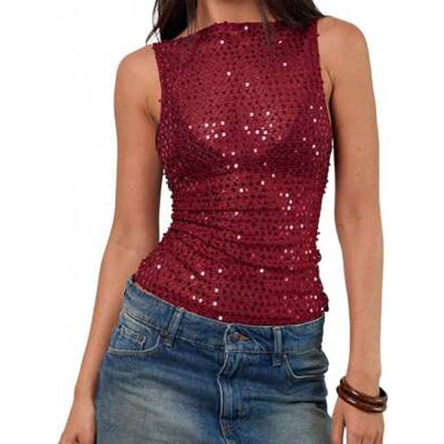 SHEIN Women&#39;s Sparkle Sequin Tank Tops Slim Fit Sheer See Through Stylish Solid Casual Sleeveless Vest Summer Shiny Sequin Going Out Tops Party Club Streetw