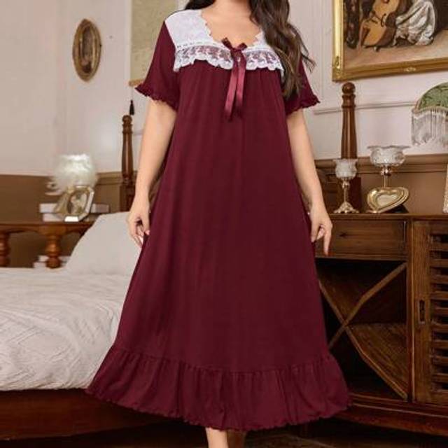 SHEIN Plus Size French Retro Palace Style Elegant Mesh & Lace Patchwork Soft Skin-Friendly Red Milk Silk Midi Loose Casual Sleep Dress ,Vacation