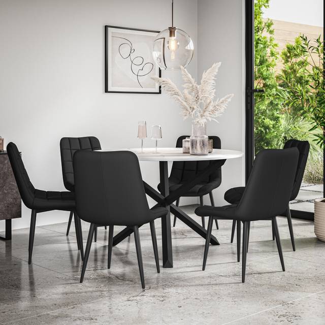 (Black) Malvern Round Marble Dining Table Set w Black Oak Legs w 4-6 Nova Dining Chairs