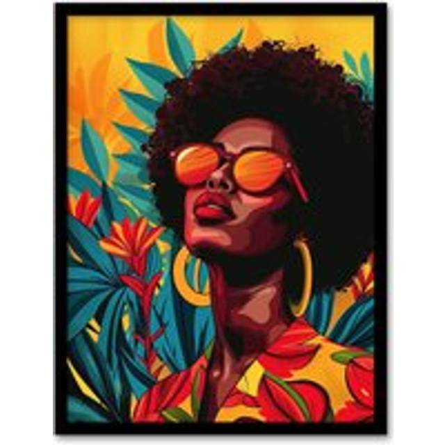 Wall Art Print Caribbean Woman Shades Pop Art Sunny Day Painting Art Framed Poster - Black - W12 inch x H16 inch