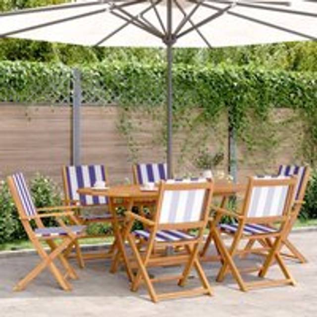 7 Piece Garden Dining Set Blue and White Fabric and Solid Wood - One Size