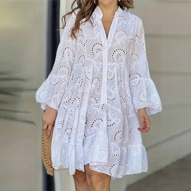 SHEIN Women&#39;s Fashion Casual Hollow-Out Lace Trim Open Front Loose Long Sleeve Dress
