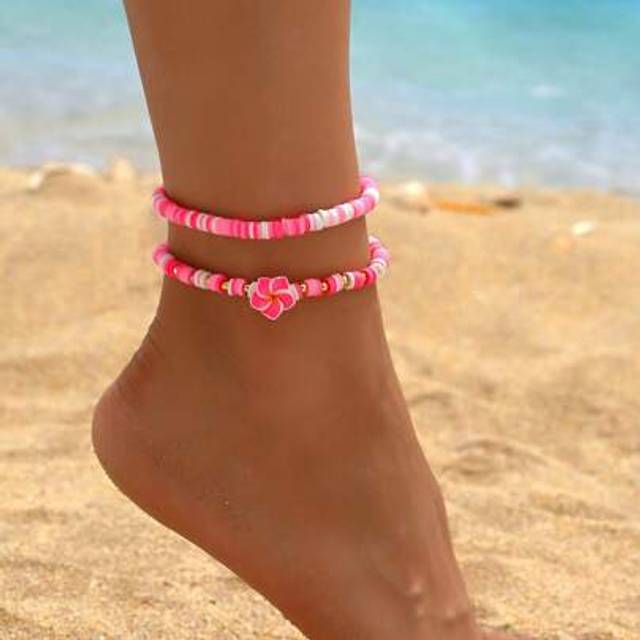 SHEIN 1 Set Of 2 Pcs Summer Beach Dopamine Handmade Crochet Bead & ABS Resin Flower Stretch Anklet Set, Ombre Bohemian Floral Layered Anklet Suitable For Wo