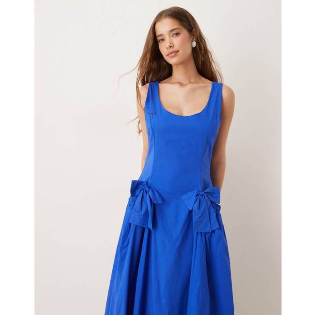 Sister Jane Sleeveless Bow Detail Cotton Blend Midi Dress, Blue