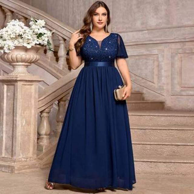 SHEIN Plus Deep V-Neck Sequin Lace Ruffle Mesh Sleeve Contrast Chiffon Formal Party Long Dress
