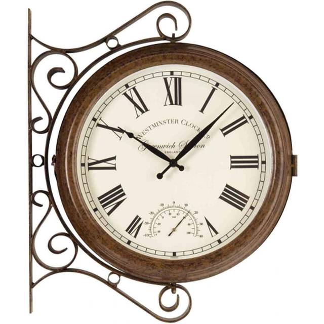 Outside in Greenwich Station Wall Clock & Thermometer 15in, Black