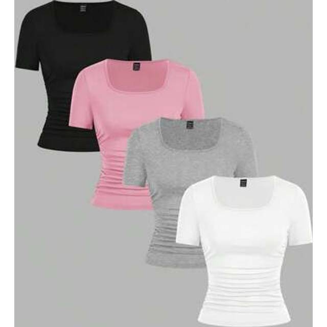 SHEIN 4pcs/Set Casual Minimalist Solid Color Square Neck Short Sleeve T-Shirts For Women, Black, Pink, Gray, White, Suitable For Spring/Summer