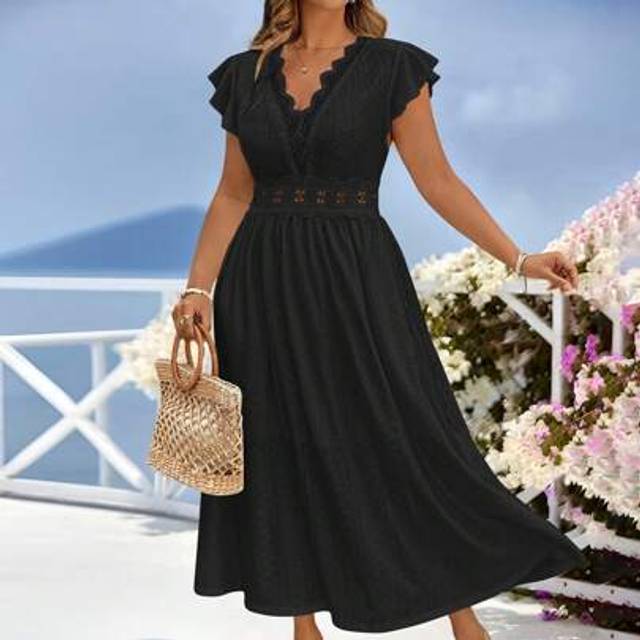 SHEIN Plus Size Women Lace Patchwork Long Dress With Elastic Waist & Flared Hem, Spring/Summer,Sun Dresses For Women