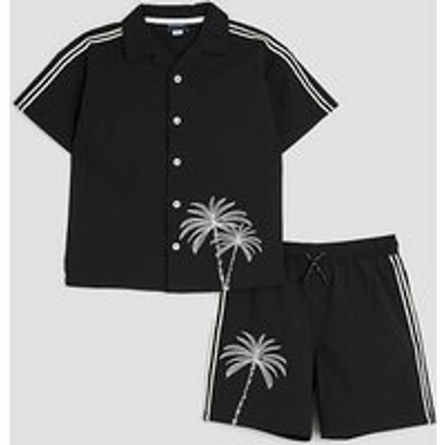 River Island Boys Black Palm Embroidered Swim Shorts Set - 9-10 Yrs