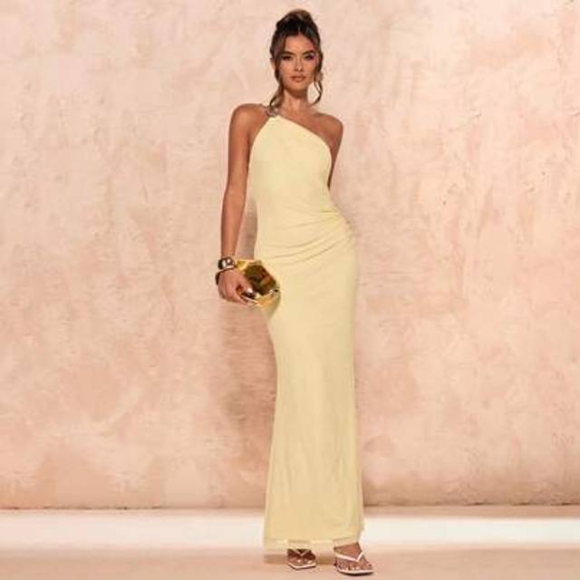 SHEIN Women&#39;s Summer Cream Yellow Asymmetrical Neck Side Ruched Metal Buckle Decor Mermaid Hem Backless Dress/Vestidos Elegantes De Mujer/Wedding Guest Dres