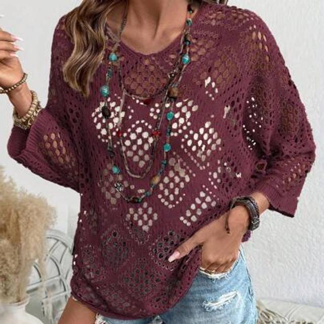 Calvaya Women&#39;s Solid Color 3/4 Sleeve Hollow Out Loose Casual SweaterKnit PulloverFall Winter Outfit