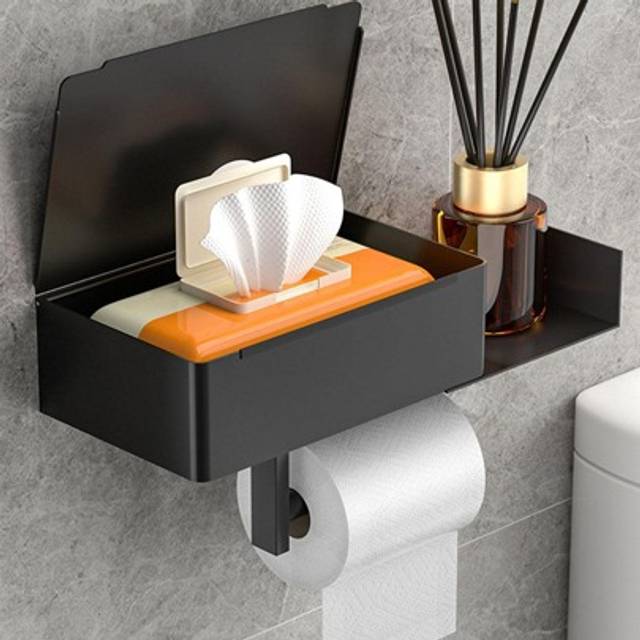SHEIN 1pc Simple Black Wall Mounted Toilet Paper Holder, Stainless Steel Multifunction Cell Phone Holder For Bathroom Bathroom Decor Summer