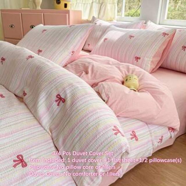 SHEIN 3/4pcs Cute Bow Print Duvet Cover Set, Simple Colorful Striped Bedding Set, Super Soft Microfiber Bed Linen Set, Suitable For Children, Teens And Adul