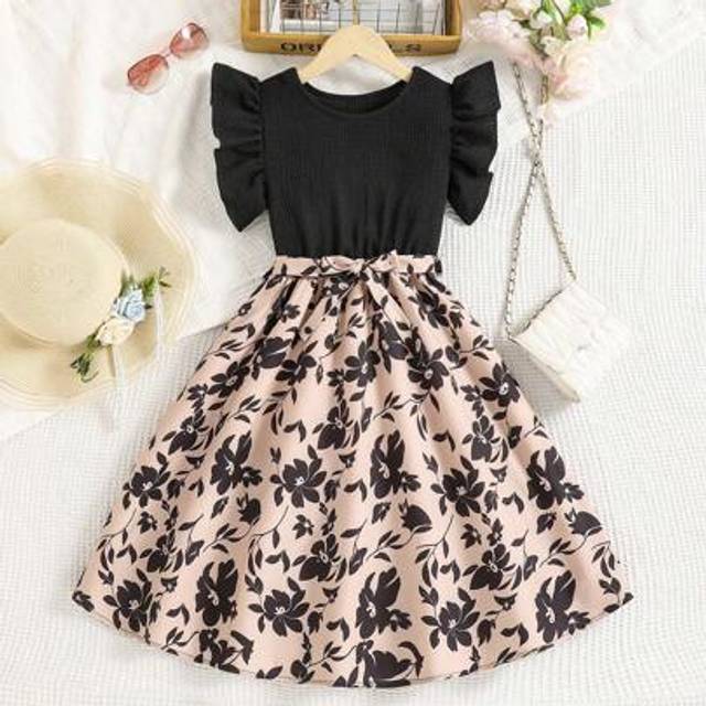 SHEIN Tween Girls Black Office Knit Patchwork Floral Print Mid-Calf Waist Elegant Dress, Suitable For Vacation, School, Trip - Casual Dresses For Girls Casu