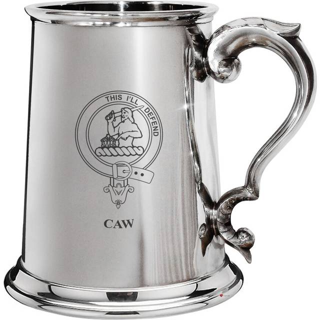 Caw Family Crest Polished Pewter 1 Pint Tankard with Scroll Handle