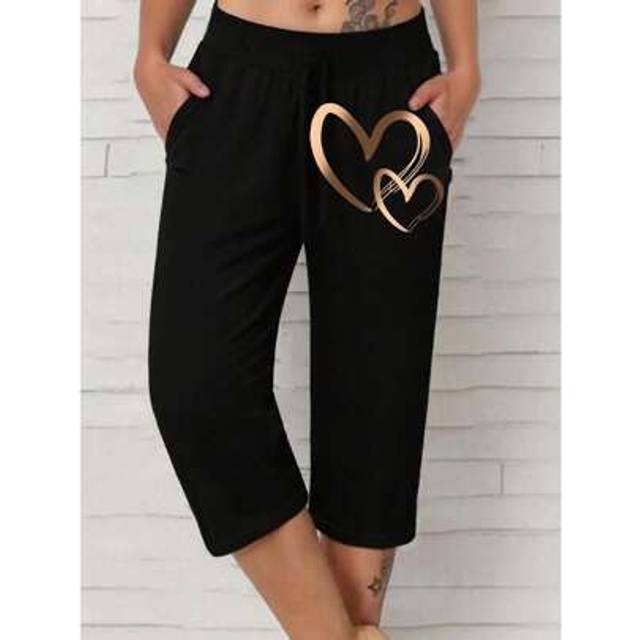 SHEIN Plus Size Women Heart Print Drawstring Waist Pockets Capri Pants
