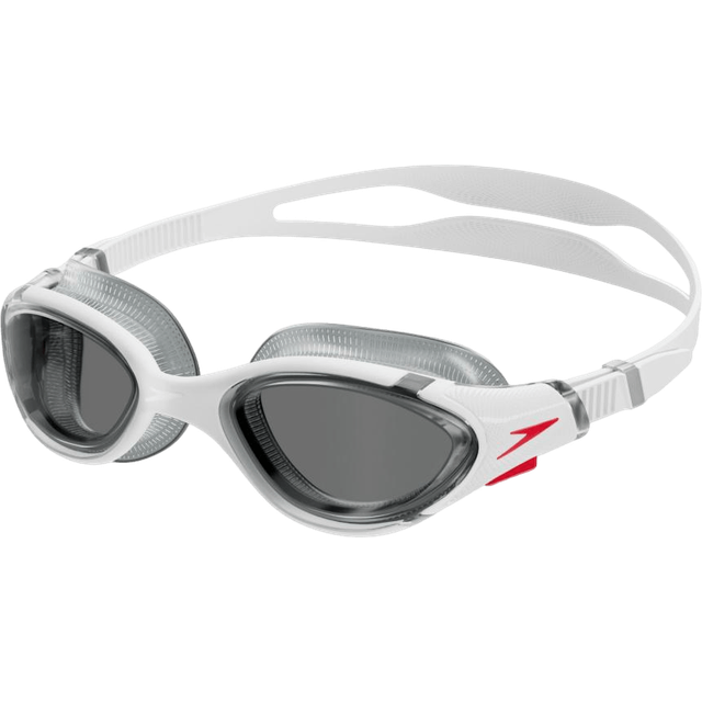 Speedo Unisex Biofuse 2.0 simglasögon | Patenterad enkel justering | Anti-dimma | anti-läckage | Förbättrad passform | Förbättrad komfort, vit/röd/lätt rök, en storlek