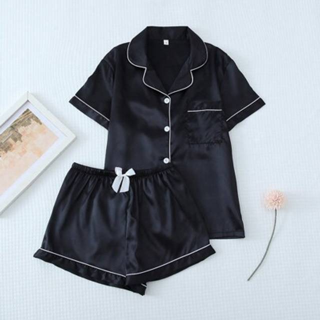 SHEIN 2pcs Satin Pajama Set, Women Short Sleeve Notched Collar Top And Bowknot Shorts Sleepwear Home Clothes,Two Pieces Set