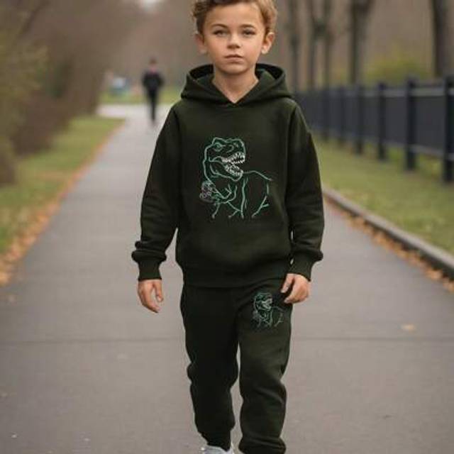 SHEIN 2pcs Set Young Boy Dinosaur Gaming Print Long Sleeve Hoodie Sweatshirt And Sweatpants Chic Outfits For Autumn/Winter
