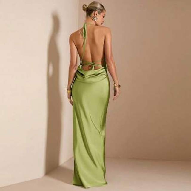SHEIN Spring/Summer Green Sexy Halter Backless Lace-Up Maxi Satin Mermaid Dress, Bridesmaid Dress, Satin Dress, Sexy Dress,Club Outfits Women Sexy