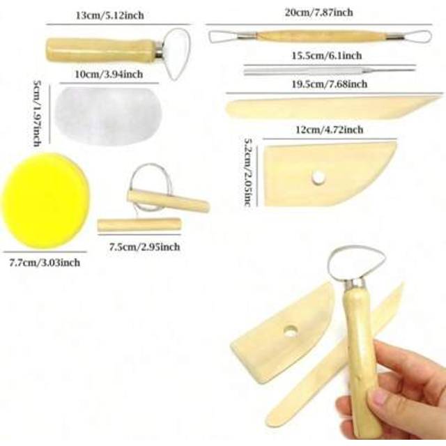 SHEIN 8pcs/Set Wood Pottery Sculpture Clay Cleaning Tools Kit Including Clay Cutting, Modeling, Trimming Tools Perfect For Beginners To Smooth, Clean, Carve