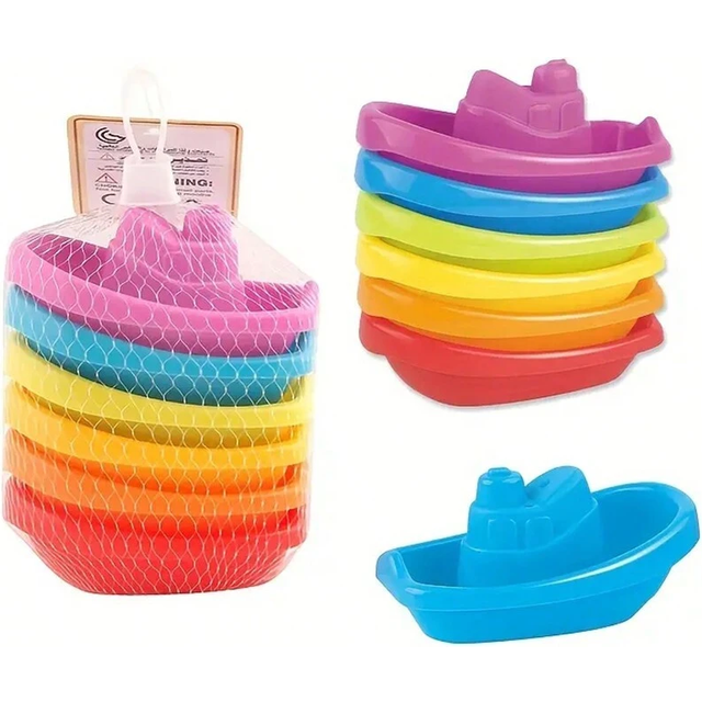 SHEIN 6pcs Rainbow Color Stacking Boat Bath Toy For Toddlers - Summer Water Game With Music - Easter Gift For Kids