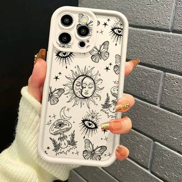 SHEIN 1pc Elegant Simple Butterfly Moon Line Pattern Beige Sandblasted Lens Full Body Shockproof Thick TPU Phone Case Compatible With IPhone/Redmi/VIVO/OPPO