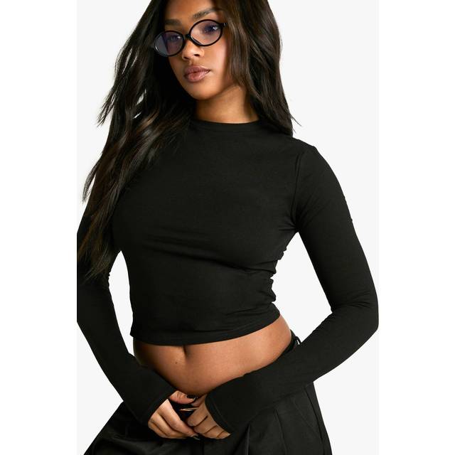 Womens Boohoo Basics Long Sleeve Crew Neck Crop Top - Black - 6
