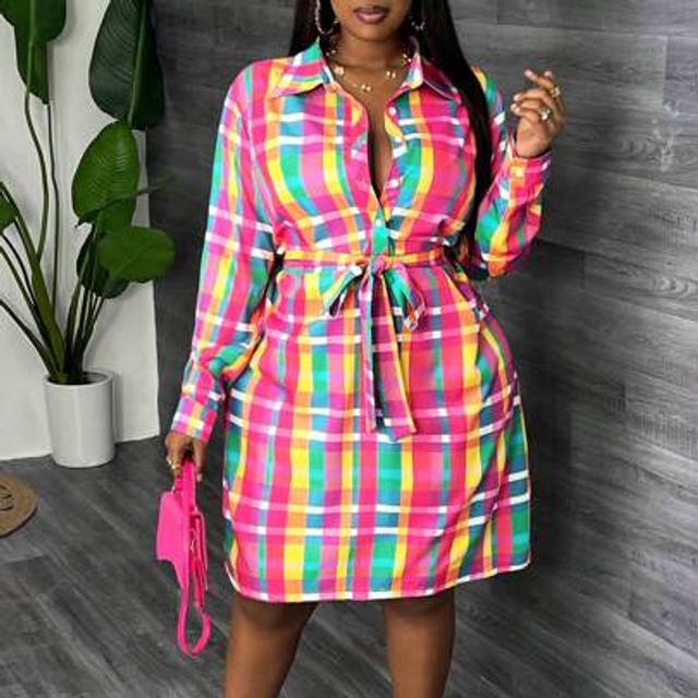 Slaydiva Plus Size Elegant Color Plaid Half Buttoned Long Sleeve Straight Loose Shirt Dress, Fall And Winter