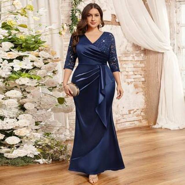 SHEIN Plus V-Neck Sequin Floral Lace Contrast Ruched Ruffle Trim Satin Mermaid Hem Evening Party Dress, Formal Gown, For Wedding Guest, Graduation, Dinner