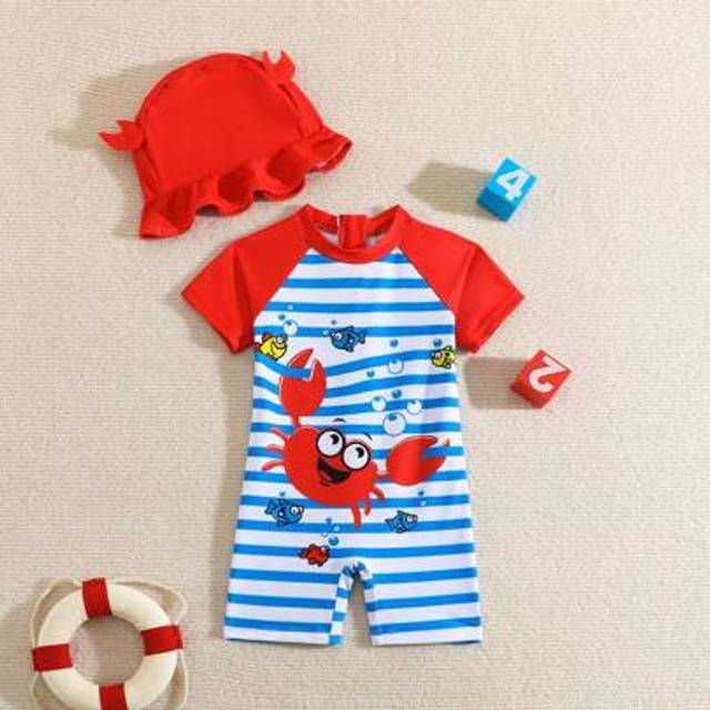 SHEIN Baby Boy Striped & Cartoon Graphic One Piece Swimsuit With Swim Cap