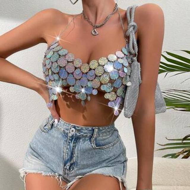 SHEIN Women&#39;s Ombre Sequin Crop Top, Sexy & Fashionable Halter Tank Top