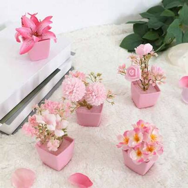 SHEIN 5pcs Mini Pink Potted Artificial Rose & Chrysanthemum Flowers, Suitable For Wedding Party Decor, Home, Restaurant, Office Desk Decoration, Valentine D