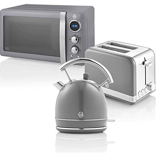 Swan Retro frukostset 1,8 l vattenkokare, 2 skivor brödrostbrödrost, 20 l digital mikrovågsugn, 6 effektnivåer, timer, spegeldörr, vintage design, grå, en storlek
