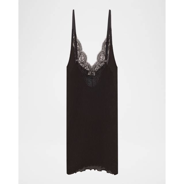 Ribbed Knit Tank Top with Lace Detail - CUOIO SAFARI - Large