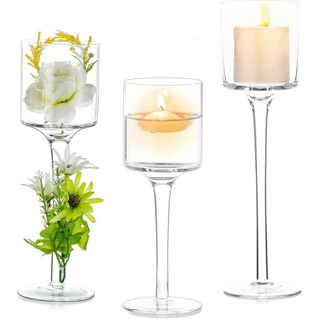 TEMU Set Of 3 Glass Candle Holder Tea Light Candle Holders Tall Tealight Candle Holder For Table Centerpiece Clear Candleholders For Pillar Candles Floating Candles Holder For Wedding Home Bathroom