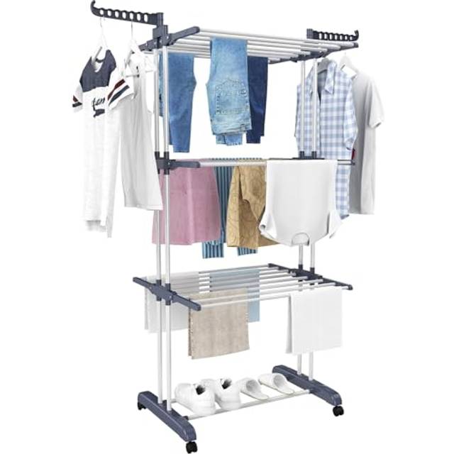 HOMIDEC Airer Clothes Drying Rack,4-Tier Foldable Clothes Hanger Adjustable Large Stainless Steel Garment Laundry Racks for Indoor/Outdoor,White