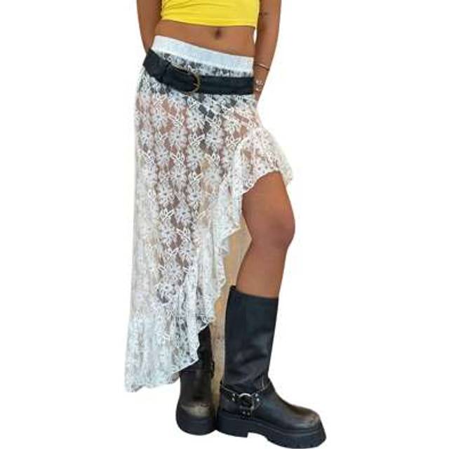 SHEIN Women&#39;s Summer Lace Long Skirt Elastic Waist Asymmetrical Hem Ruffled Midi Skirt For Beach, Party