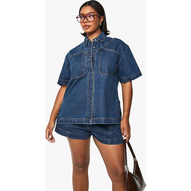 Womens Plus Denim Short Sleeve Longline Shirt - Blue - 18