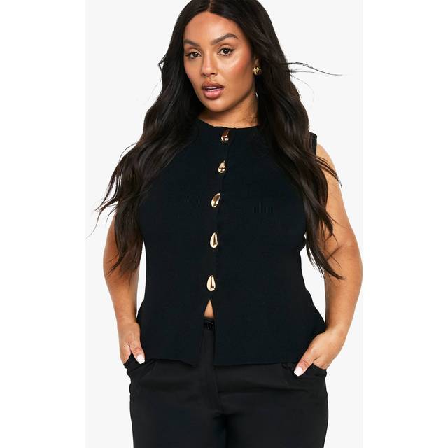 Womens Plus Gold Button Detail Longline Knitted Waistcoat - Black - 20